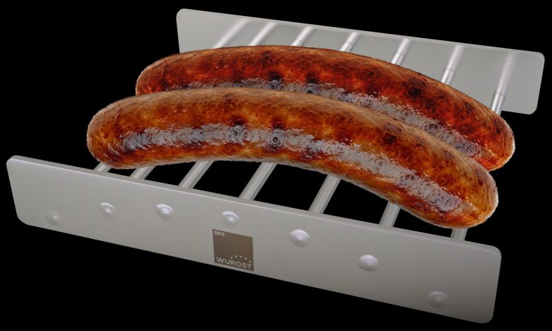 WUROST Grillhilfe mit zwei Bratwürsten auf schwarzem Hintergrund
